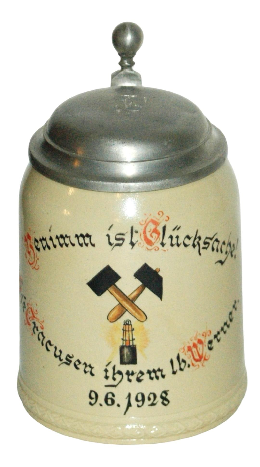 Rare Mettlach Miners Stein w German Verse: Mettlach #1526 POG 1/2L. Miners stein. “Benimm ist Glucksache Die Cracusen Ihrem lb. Werner 1928.” Rare.