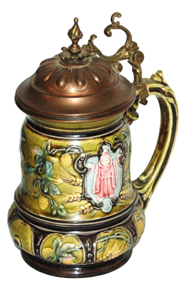 Majolica Ditmar Floral Stein w Custom Copper Lid: Majolica Ditmar Relief 1/2L. Munich Child and floral. Custom original copper lid. Mint