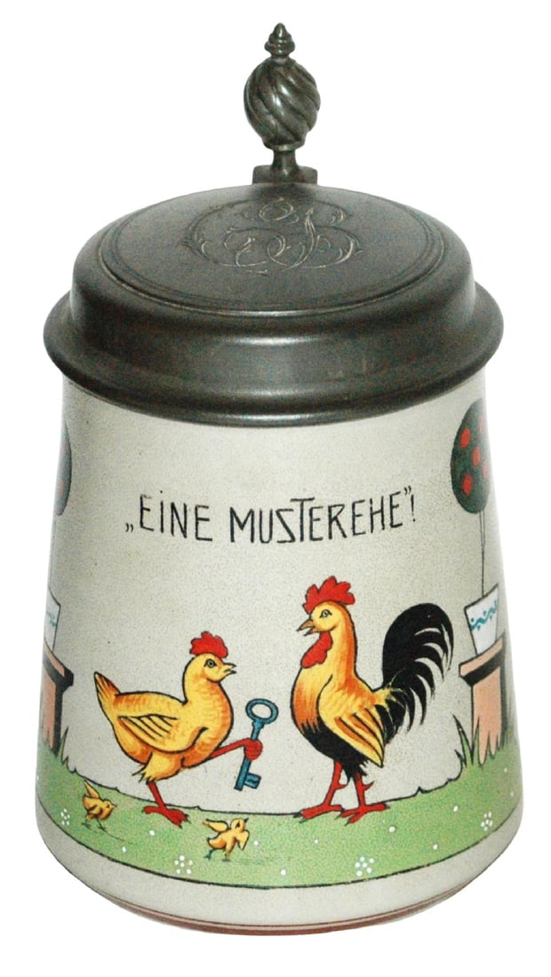 Chicken Key & Rooster Stoneware Stein: Stoneware POG 1/2L. Chicken gives key to rooster. Cute scene. Mint.