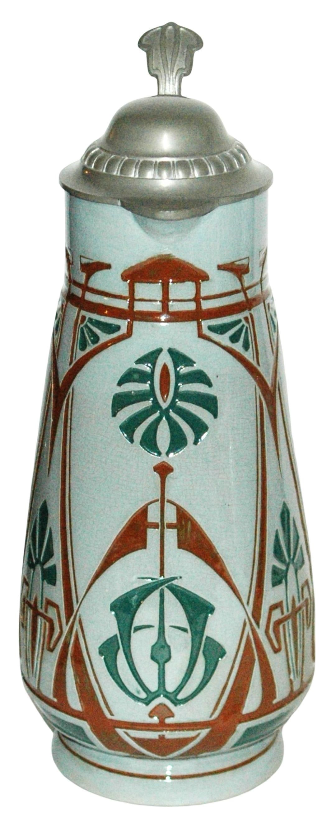 2-1/2L Art Nouveau Floral Stein: Pottery Molded 2 1/2L Stein. Art Nouveau floral design. Mint.