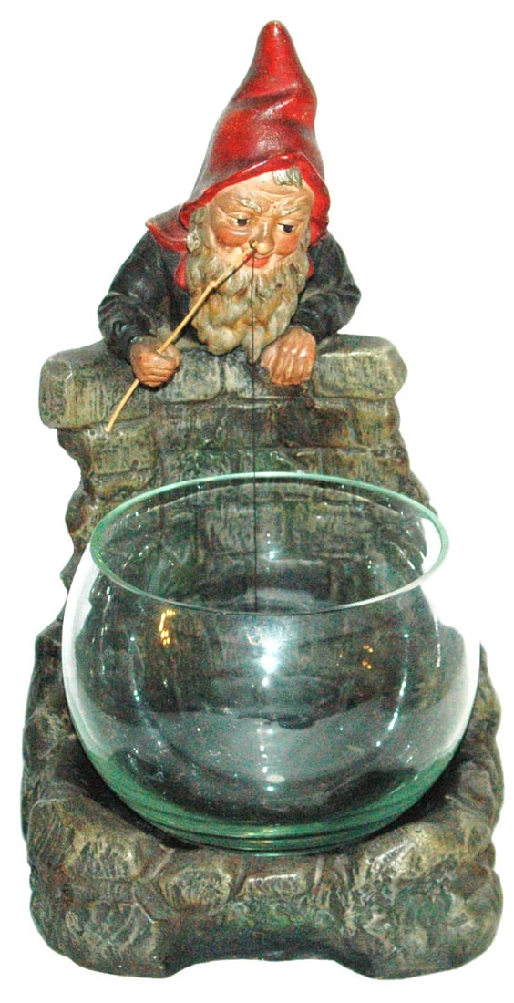 Unusual JM Terracotta Dwarf Fishing in Glass Bowl: Jon Maresch #9575 Terracotta 12” Figure. Dwarf dangles fishing pole over glass bowl. Very good condition. Unusual.