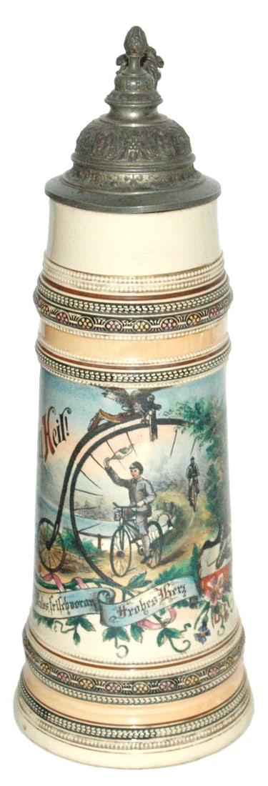 2L High Wheel Bike Frames Scene of Men on Bikes: Pottery Merkelbach & Wick POG 2L Stein. Scene of men riding bicycles framed with high wheel bicycle.