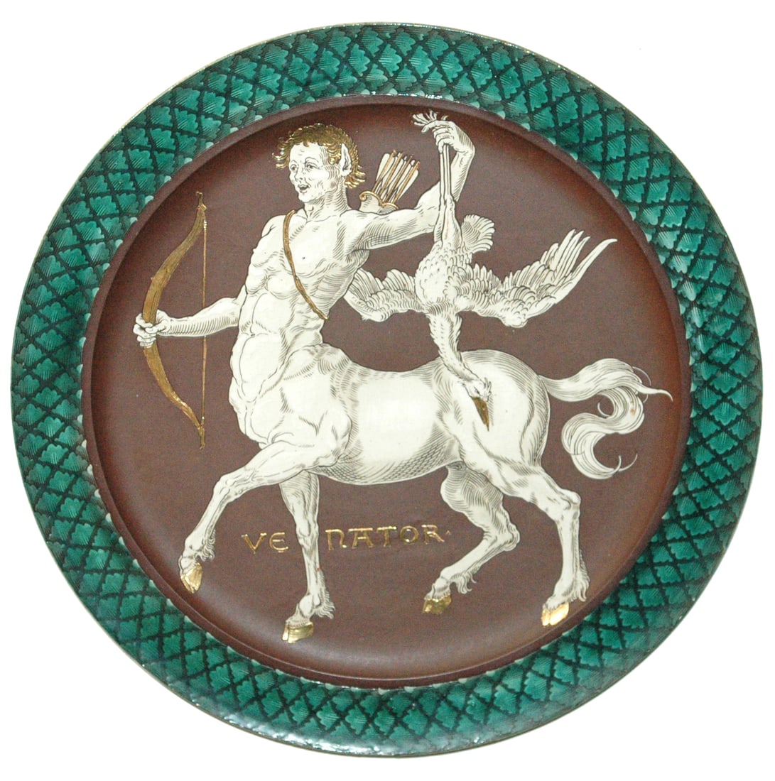 Mettlach Centaur w Bow & Bird 19" Plaque: Mettlach #2741 Etched 19” Plaque. Centaur with bow and bird. Mint.