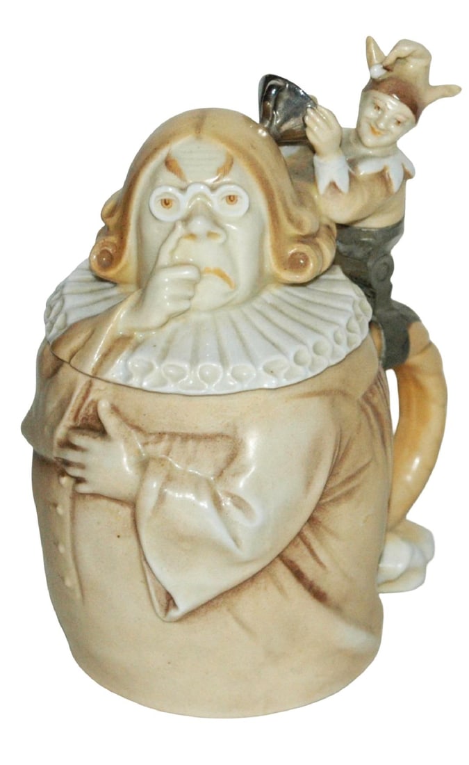 Uncommon Jester And Judge Character Stein: Character Stein 1/2L Schierholz Porcelain. Jester pours knowledge into judges head. Uncommon. Mint.
