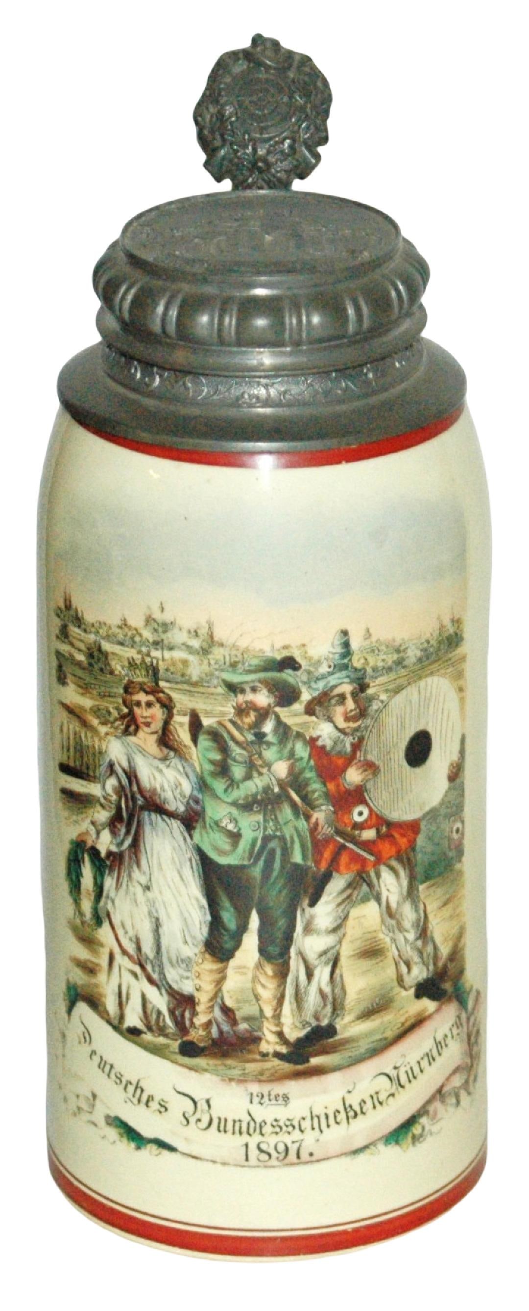 1L Couple & Jester W Target 1897 Shooting Stein: Pottery POG 1L. Couple and jester holds target. “12tes Deutsches Bundesschiessen Munchen 1897.” Relief pewter lid of contest site. Mint.