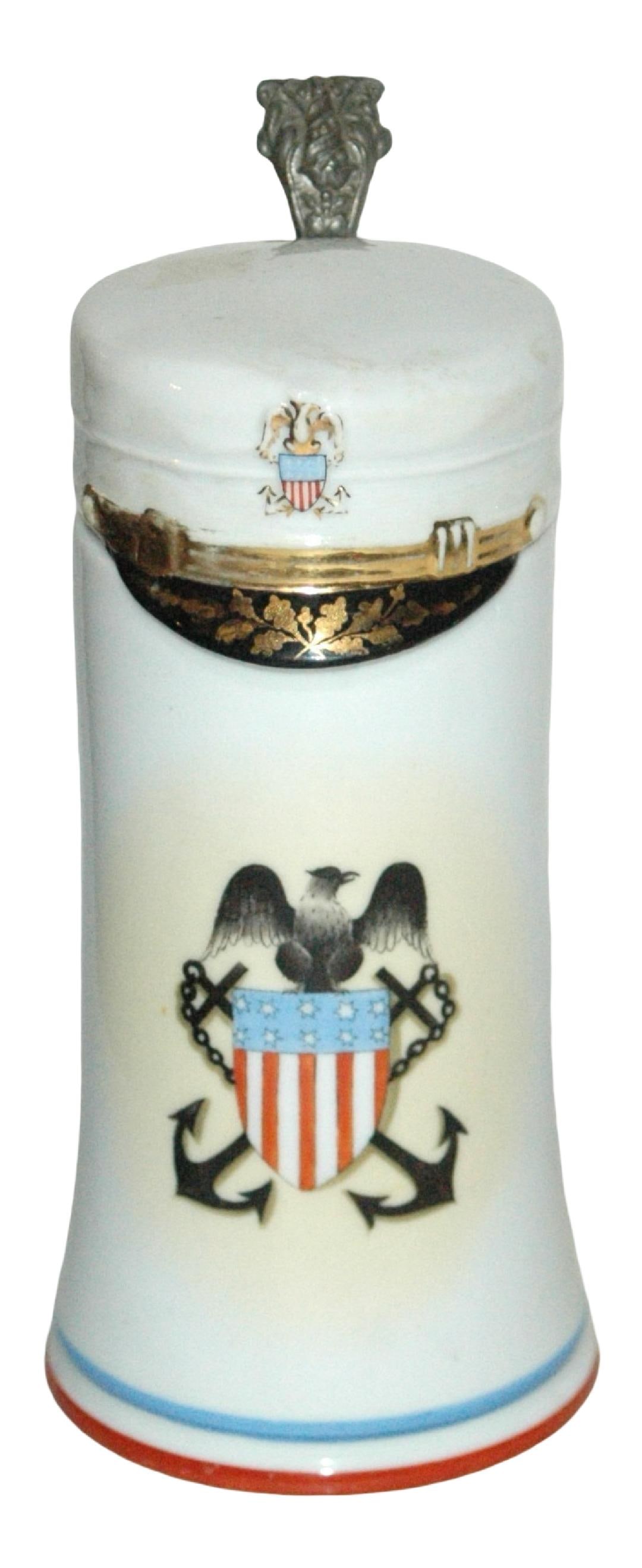 US Shield & Anchors Stein w Gigural Navy Dress Hat: Porcelain POG 1/2L. American shield and crossed anchors. Figural Naval dress hat. Litho. Mint.