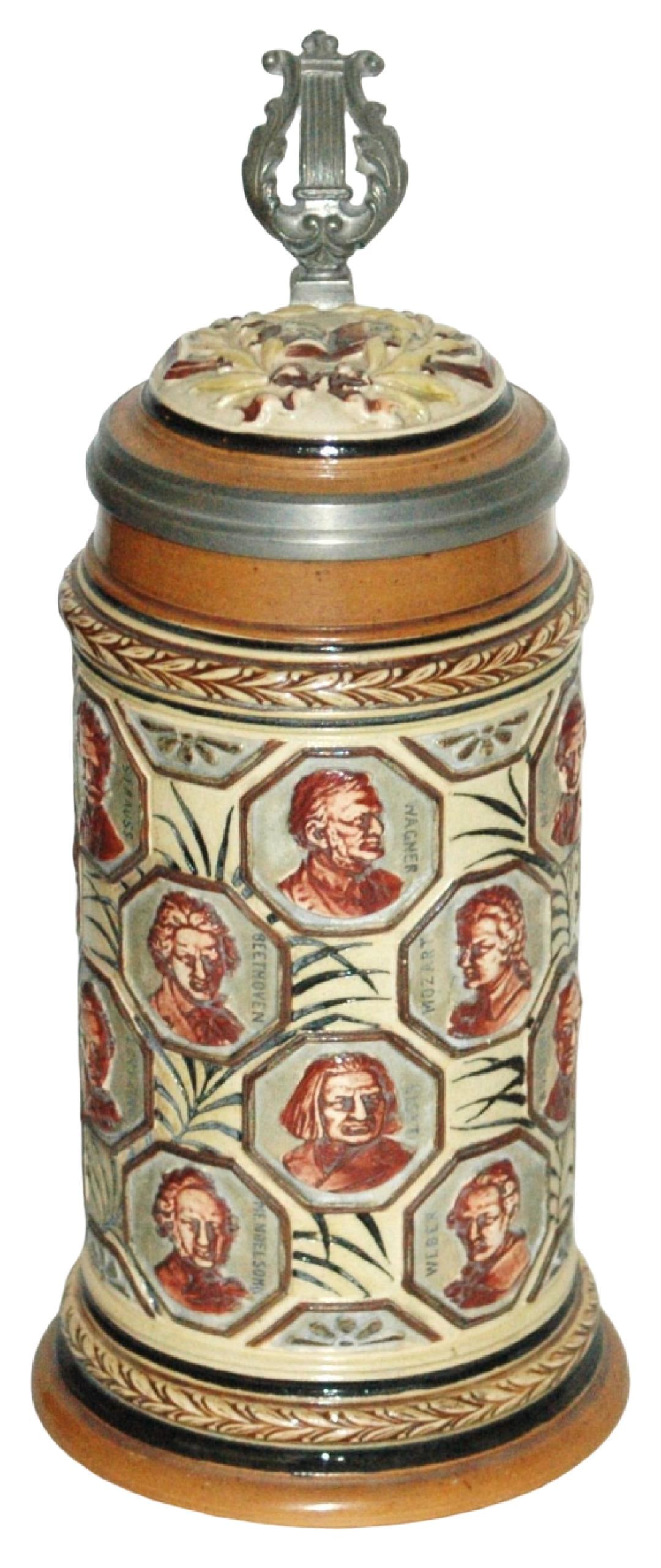 Many Images of Famous Composers Stein w Inlay Lid: Pottery Hanke #1279 Relief 1/2L. Famous composers. Inlay lid. Mint.