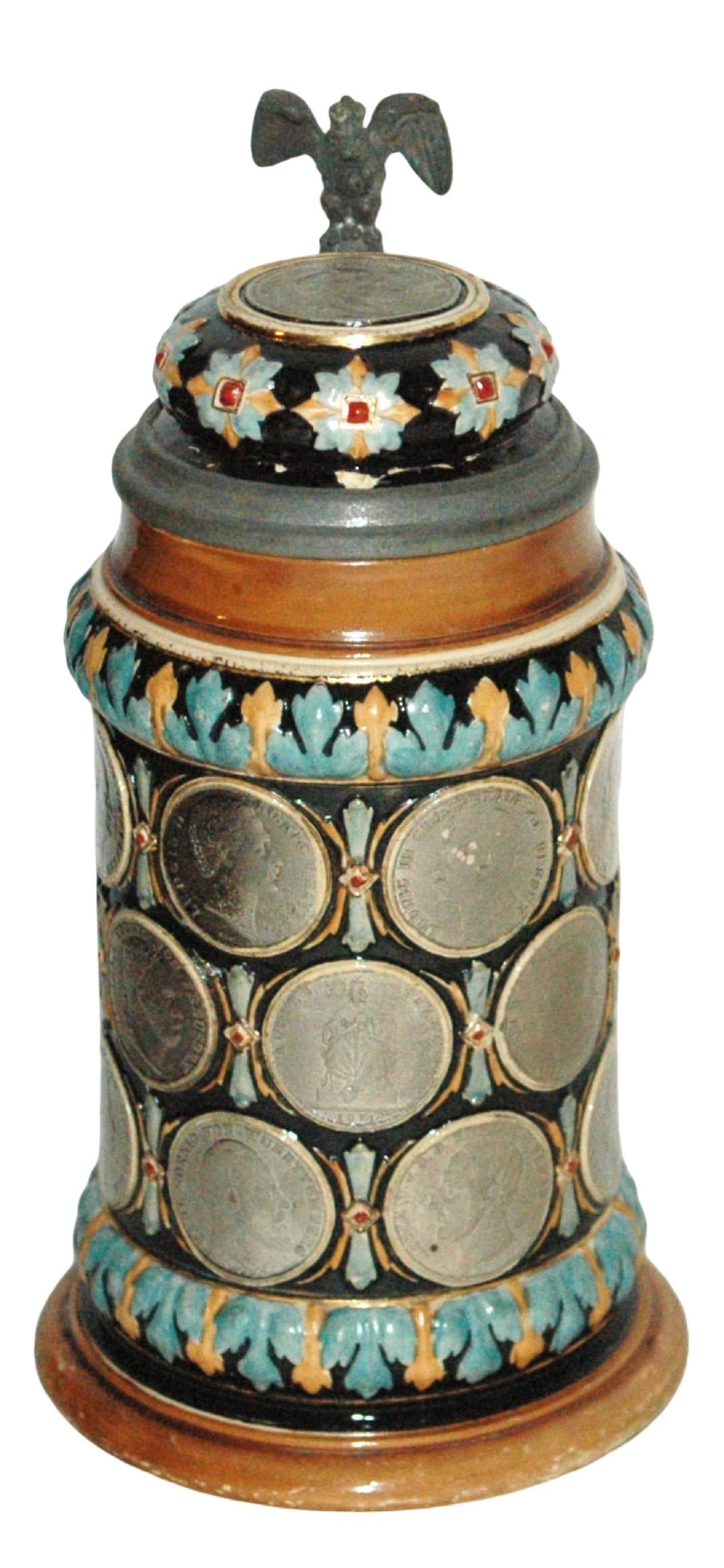 20 Silvered Coin Decoration Stein w Inlay Lid: Pottery Hanke #1262 Relief 1/2L. 20 silvered coin decoration. Matching inlay lid.