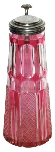 1-1/4L Cut &Faceted Glass Stein w Silver Lid c1880: Blown Overlay Glass 1 1/4L 10 1/2”. Cranberry over clear with detailed cut and faceted body. Silver lid. Circa 1880. Mint.