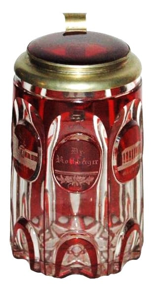 Wheel Cut Spa Views Bohemian c.1860 Glass Stein: Blown Glass 1/2L. Ruby stained and wheel-cut spa views. Matching glass inlay lid with brass mount. Bohemian circa 1860. Mint.