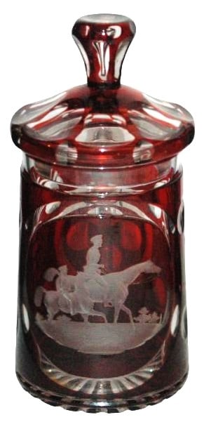 Bohemian Glass Cut Military Men Scene c1860 Stein: Blown Overlay Glass 1/2L. Intaglio cut scene of military men on horseback. Matching set on lid. Bohemian circa 1860. Mint.