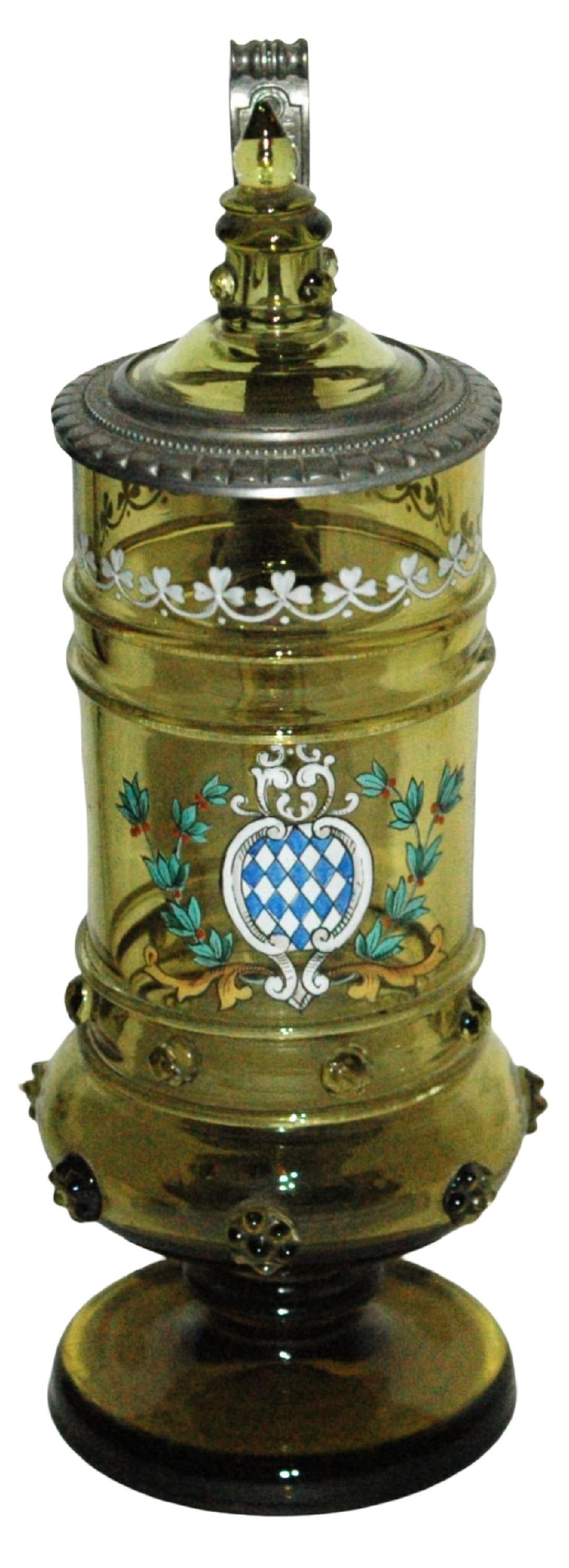 Bavarian Shield & Floral Glass Stein w Prunts: Blown Green Glass 1/2L. Enameled Bavarian shield and floral. Glass inlay lid with fancy mounts. Prunted base. Mint.
