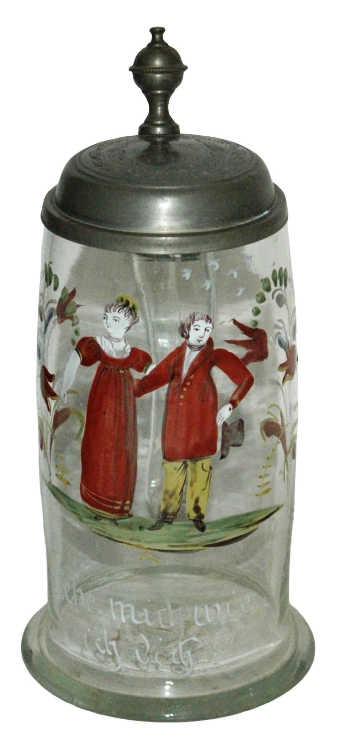 1L Enameled Couple & Floral Glass Stein dated 1817: Blown Glass 1L. Enameled couple and floral. Thin ribbon handle. Lid dated 1817. Mint.