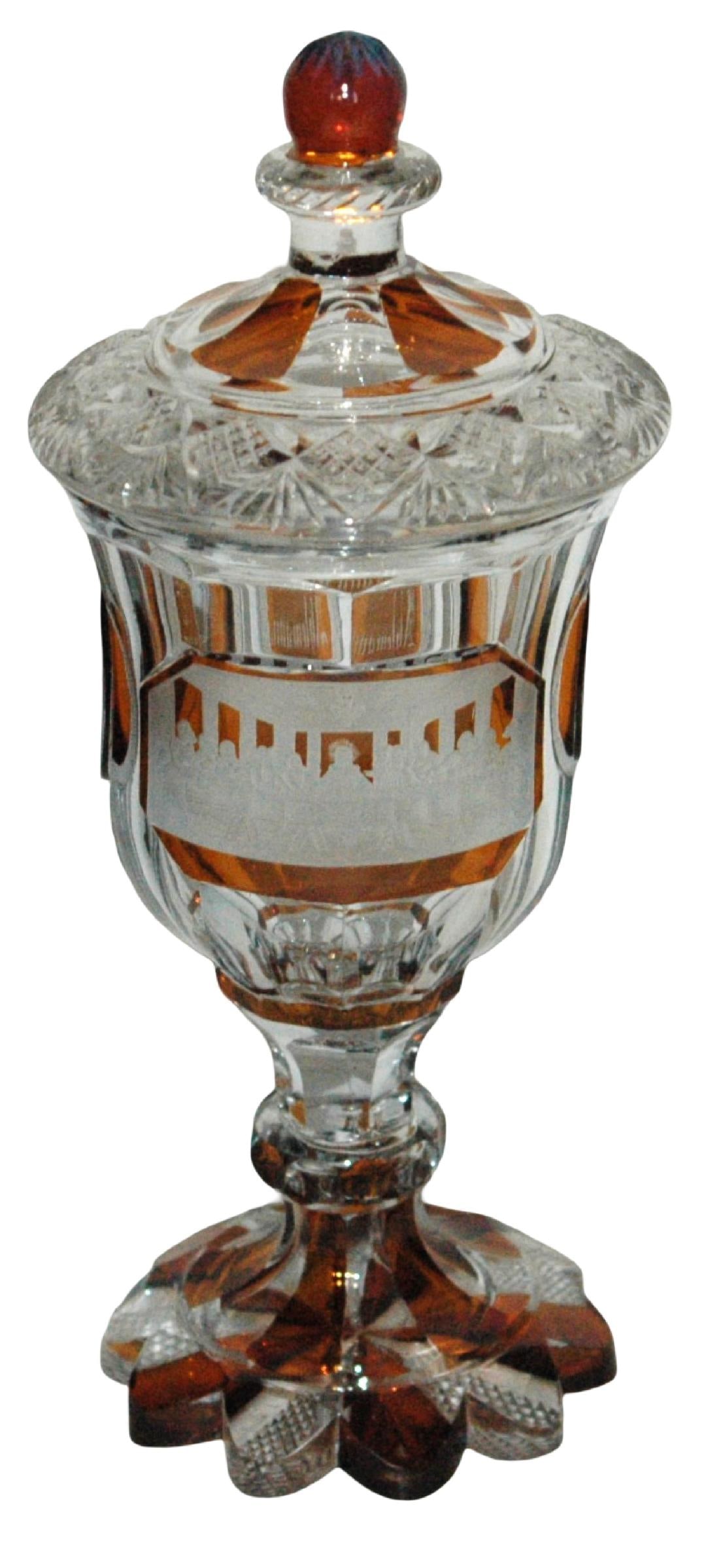Wheel Cut Last Supper Jesus & Apostles Pokal c1860: Blown Glass 11” Pokal. Amber stained and wheel-cut scene of Christ with the 12 Apostles at the last super. Bohemian circa 1860. Mint.
