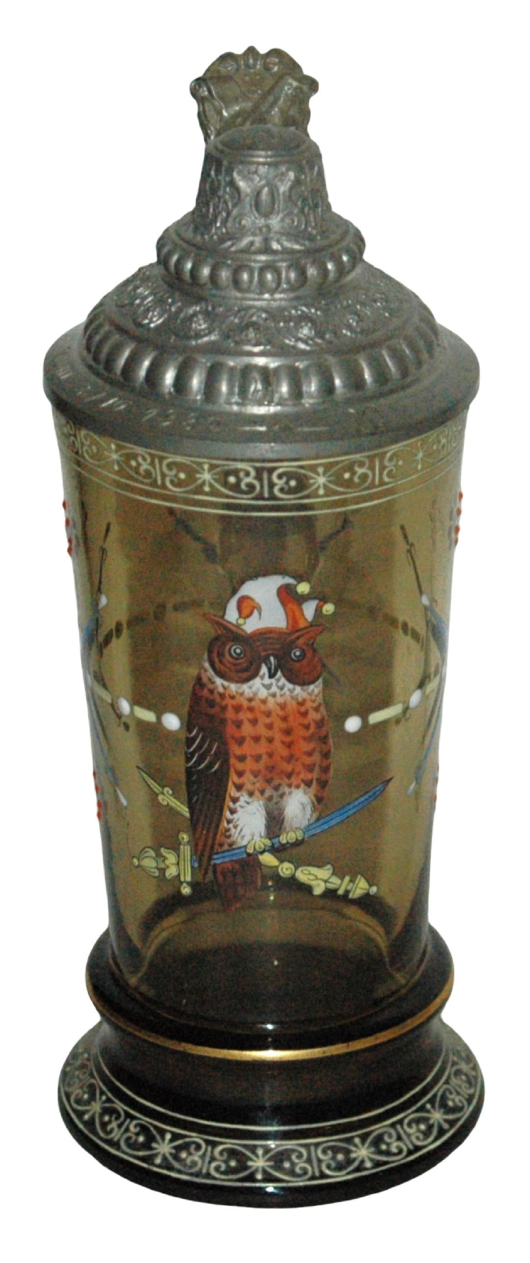 Owl Wears Jester Hat Glass Stein w Fancy Pewter Ld (1 of 4)