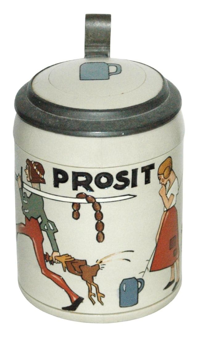 Mettlach Hohlwein Man w Sword & Sausage Stein: Mettlach #3279 Etched 1/2L. Hohlwein. Man with sword and sausage. Inlay lid.