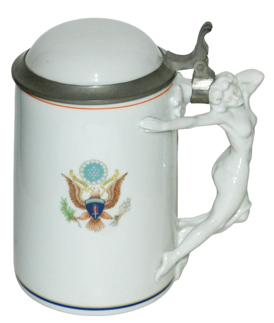 1L US Shield, Nude Woman Handle Stein: Bavarian Porcelain POG 1L Stein. American shield. Figural nude woman handle. Inlay lid. Mint.