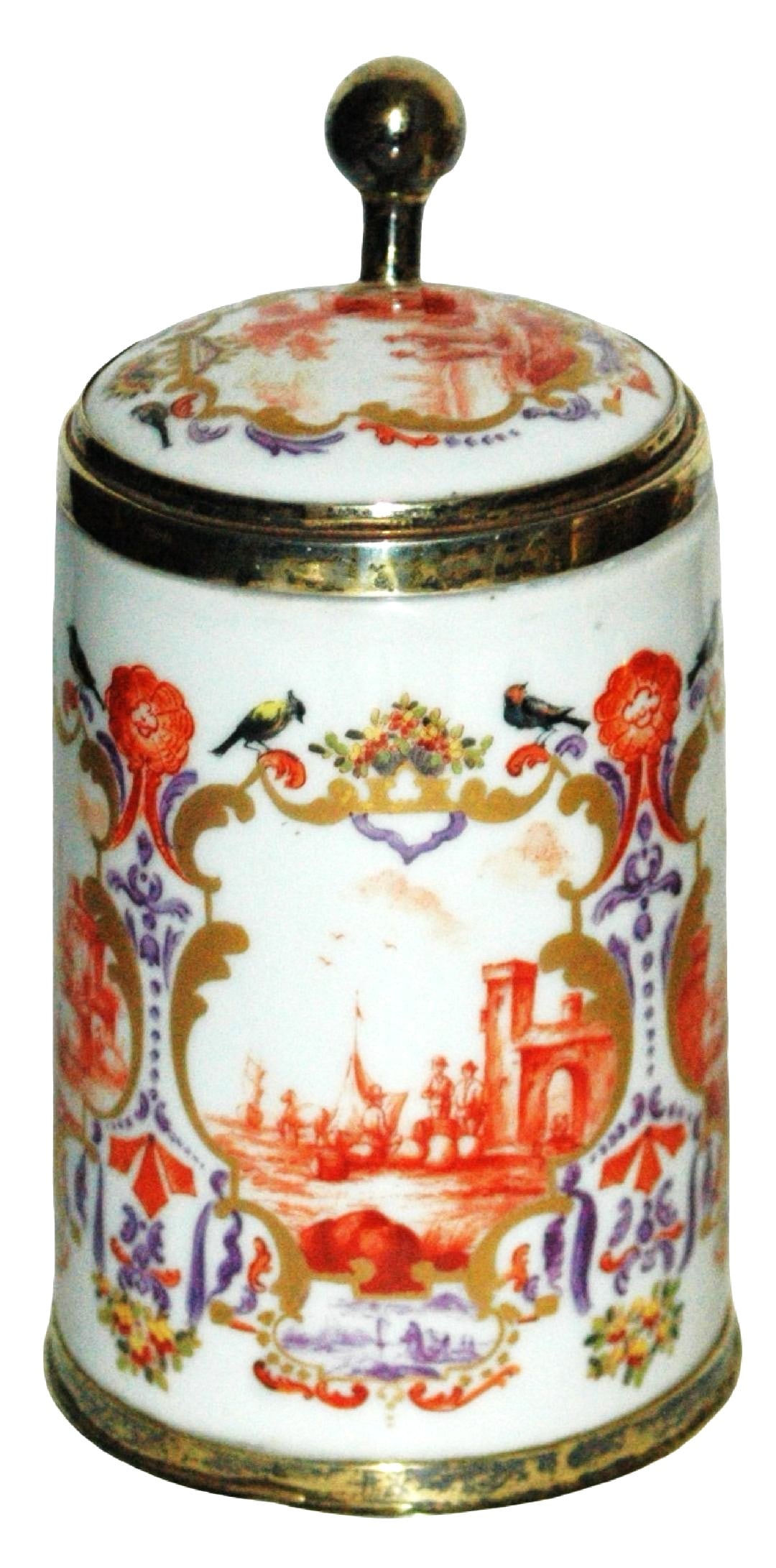 Meissen Hand Painted Scenes Stein w Silver Mounts: Meissen Porcelain Hand Painted 1/2L. Three detailed panels with birds and floral borders. Matching porcelain inlay lid. Silver mounts. Mint.
