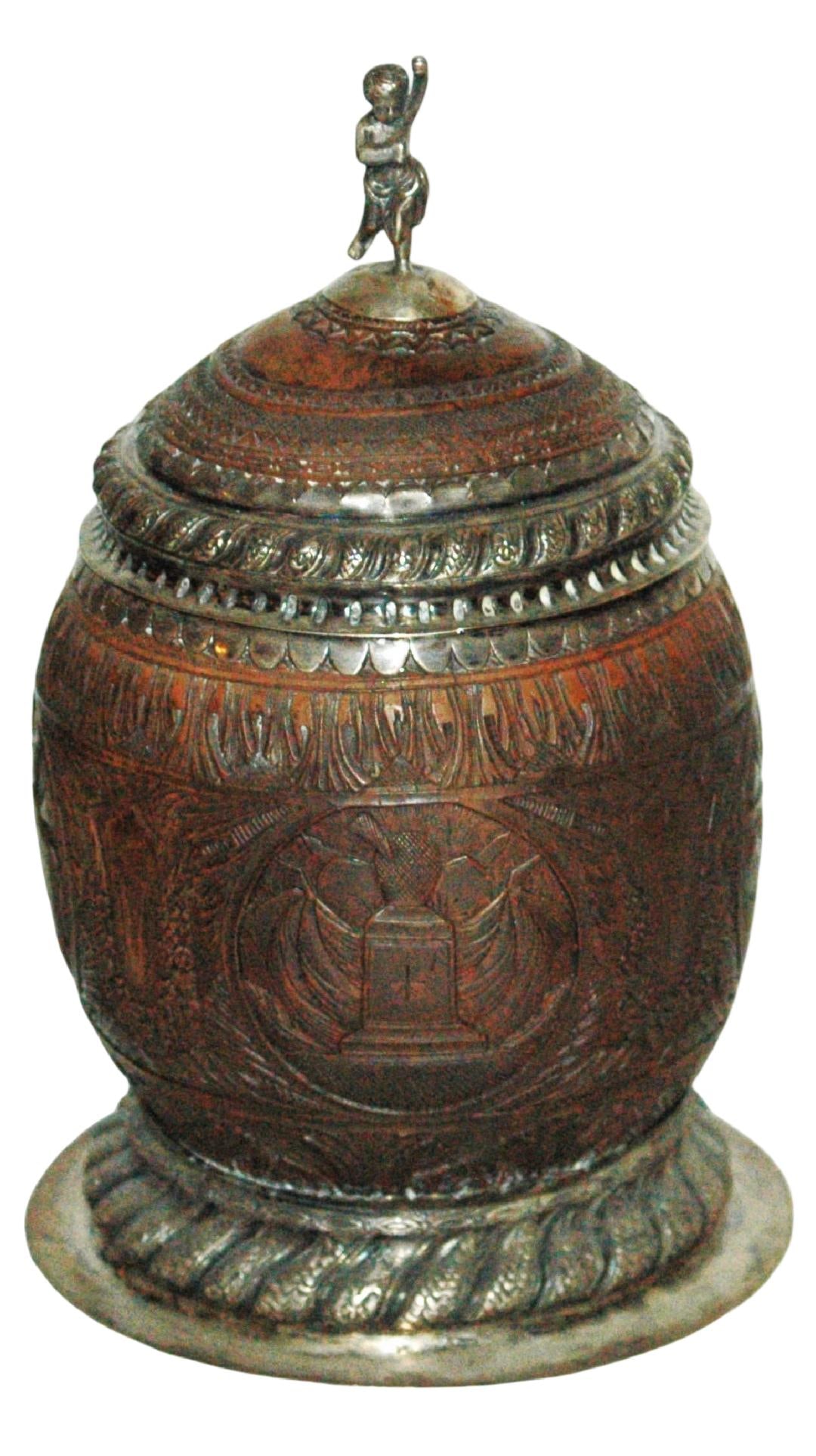 1L Coconut c1700 Silver Mounts Carved Scenes Stein (1 of 8)
