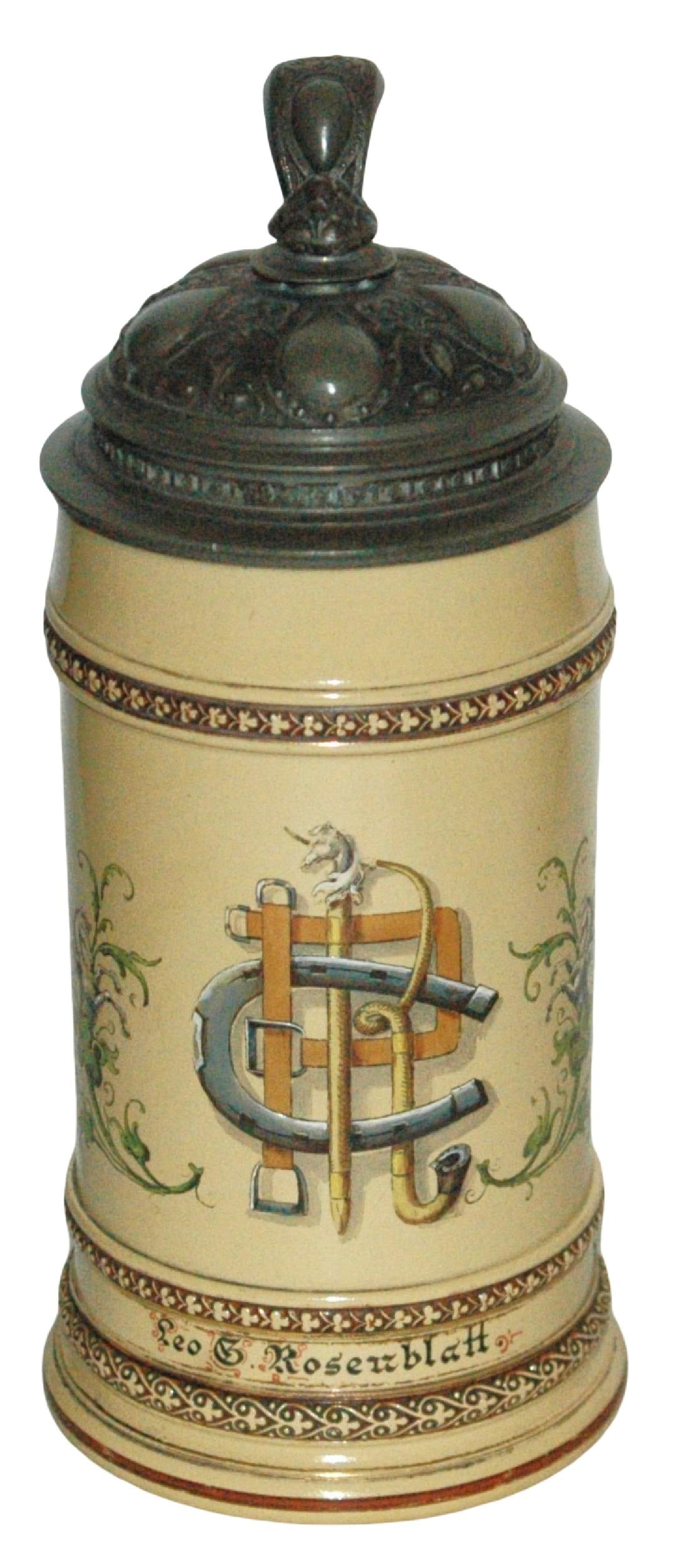 Mettlach Initials & Floral Stein wFancy Pewter Lid: Mettlach #280 POG 1/2L. “Leo G. Rosenblatt.” Initials and floral. Fancy relief pewter lid. Mint.
