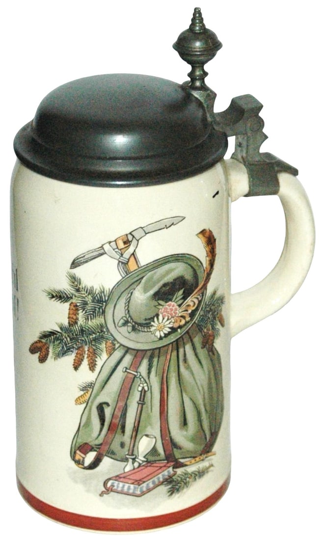 Scarce Mettlach Alpine Hat Pick Pipe Bag Stein: Mettlach #1909/1293 PUG 1/2L. Alpine hat, pick, pipe and back pack. Verse. Uncommon. Mint.