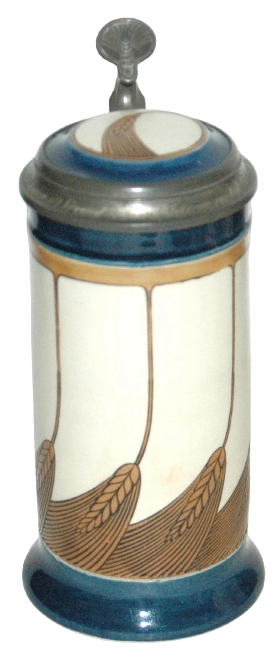 Mettlach Art Nouveau Wheat Design Stein & Inlay: Mettlach #2891 Etched 1/2L. Art Nouveau wheat design. Matching inlay lid. Mint.
