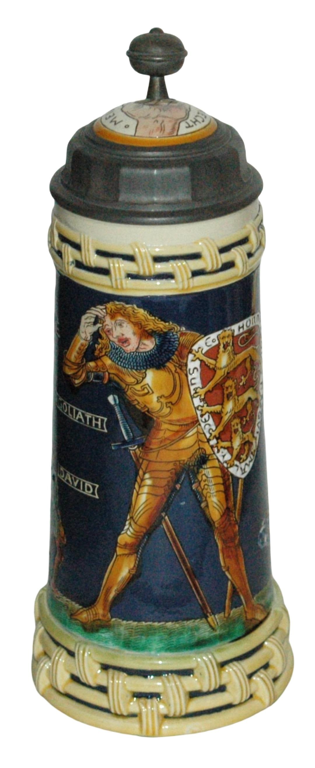 Mettlach David & Goliath Finger Holes in Handle: Mettlach #2718 Etched 1/2L. David and Goliath. Finger holes in handle. Inlay lid. Mint.