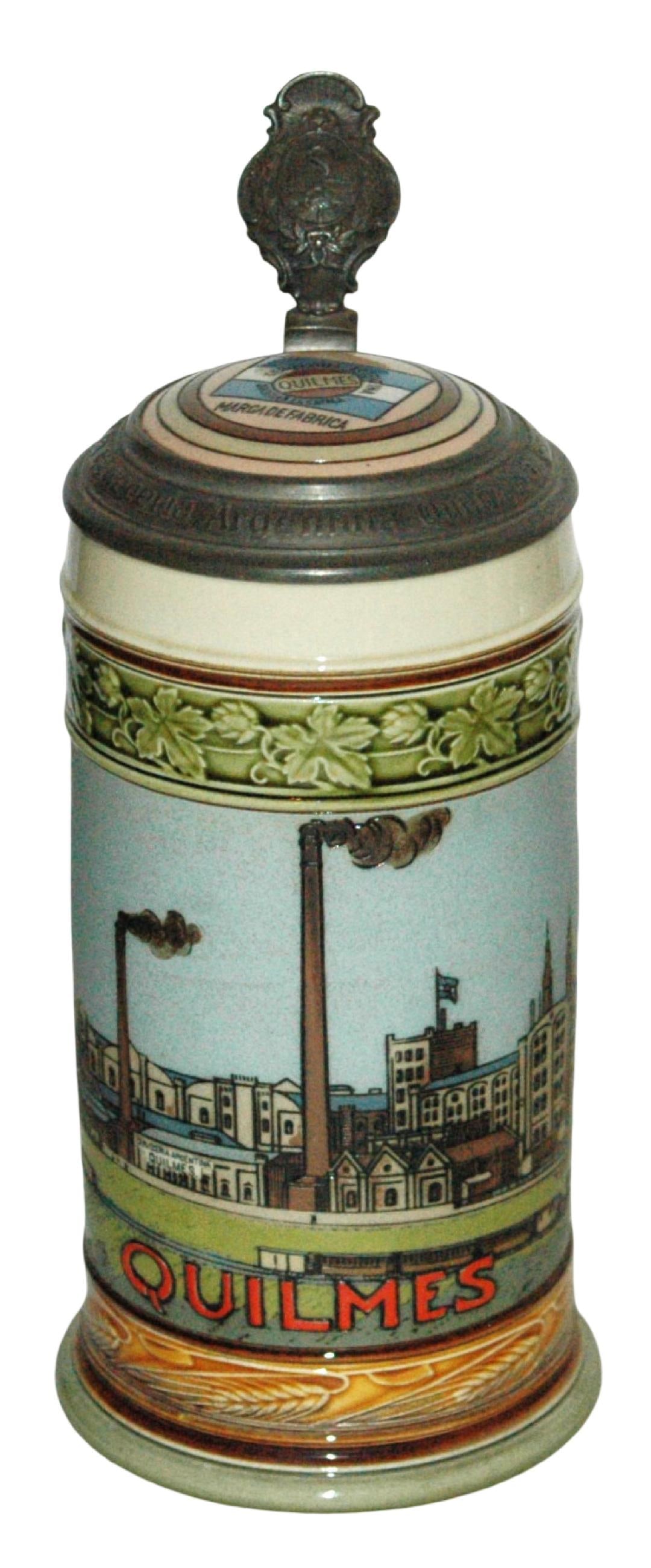 Mettlach Early Quilmes Brewery Argentina Stein: Mettlach #2900 Etched 1/2L. Quilmes Brewery, Argentina. Early version. Inlay lid. Mint.