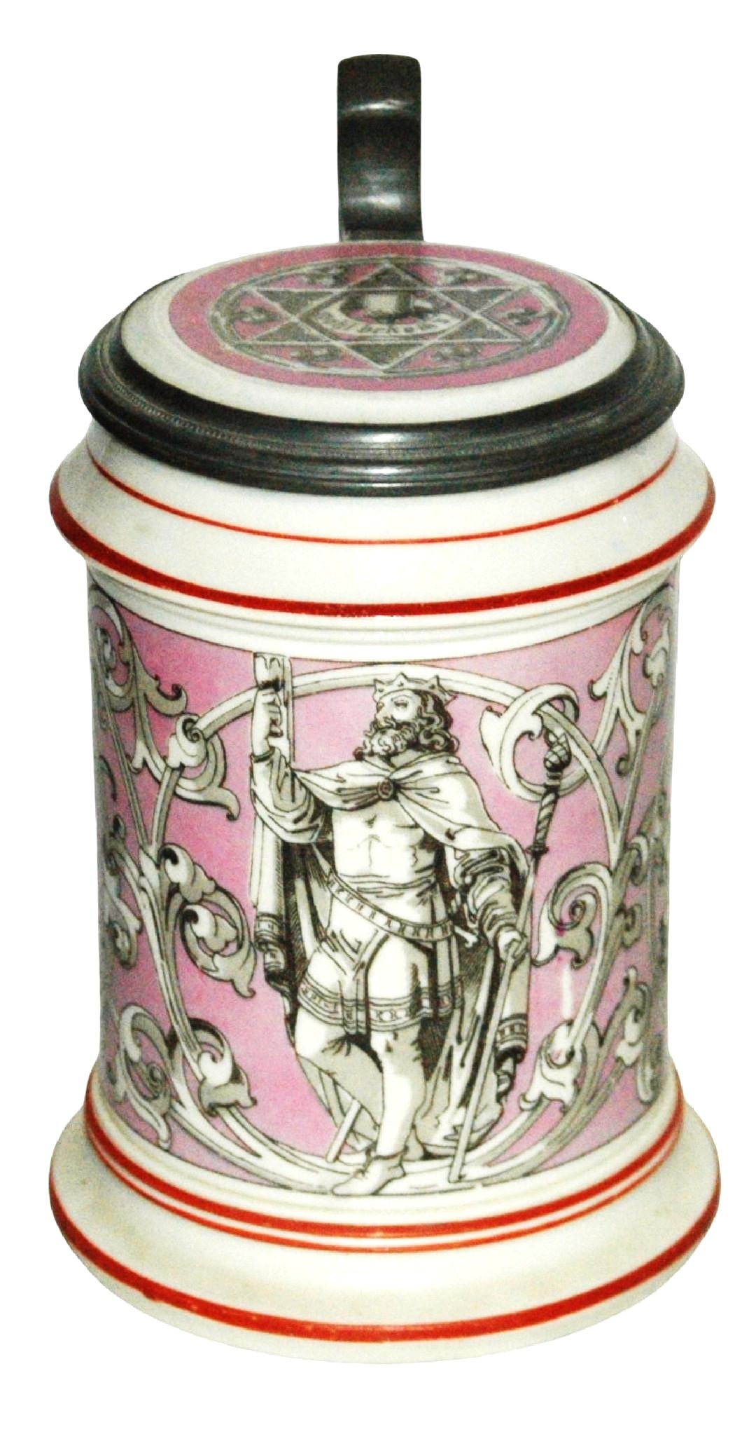Mettlach Gambrinus & Barmaids Stein w Inlay Lid: Mettlach Parion POG 1/2L. Gambrinus and barmaids. Inlay lid. Mint.