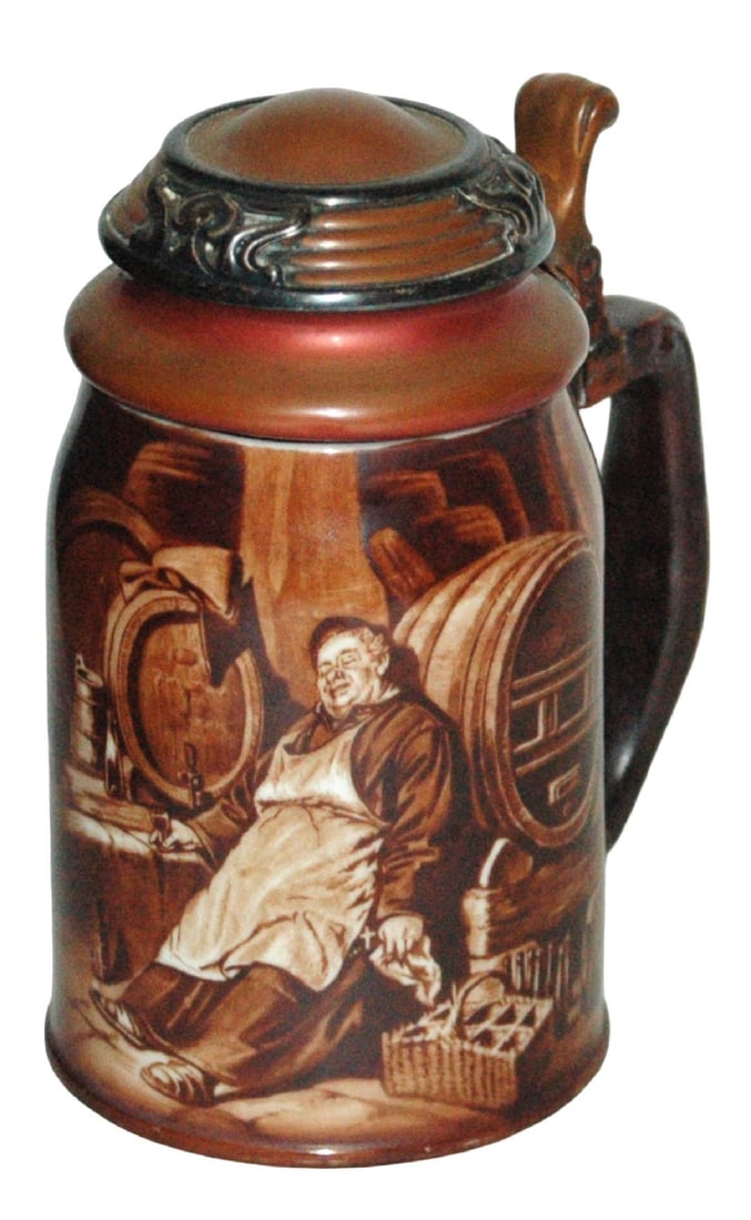 Monk in a Wine Cellar Lenox Stein w Tiffany Lid: Lenox Porcelain POG 1/2L. Monk drinks and sleeps in wine cellar. Mixed metal Tiffany lid. Mint.
