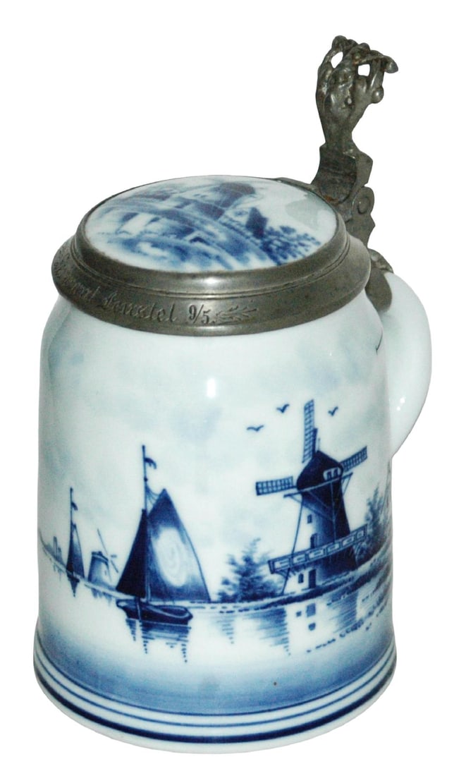 Windmill & Seashore Scene Stein & Inlay w Litho: Porcelain PUG 1/2L. Windmill and seashore scene. Matching inlay lid. Litho. Mint.