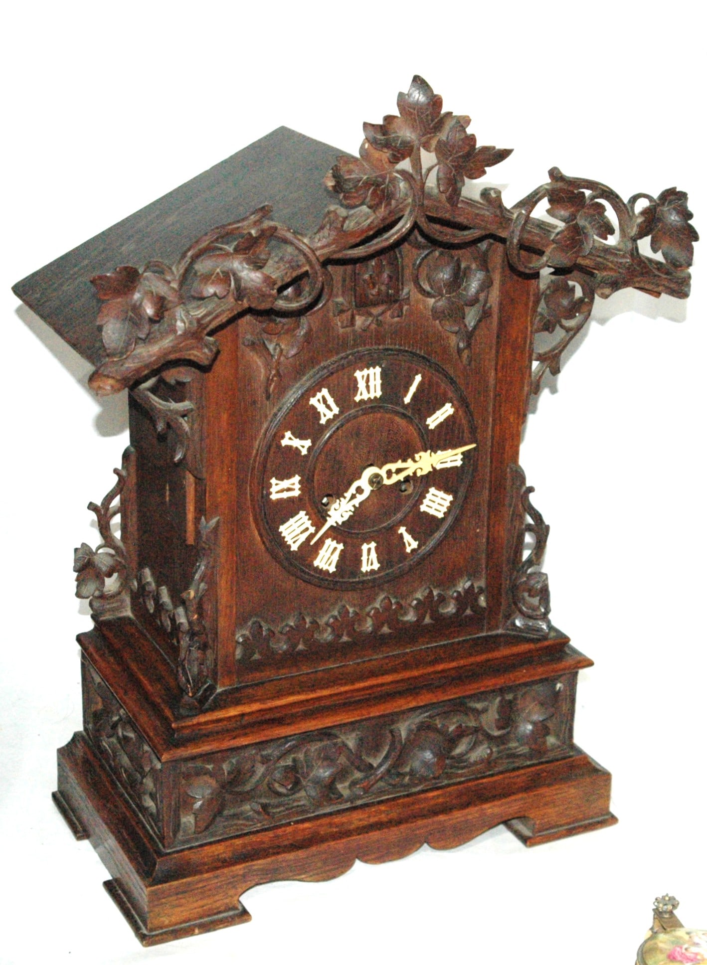 Black Forest Mantel Cuckoo Clock Carved Grape Leaf - 4