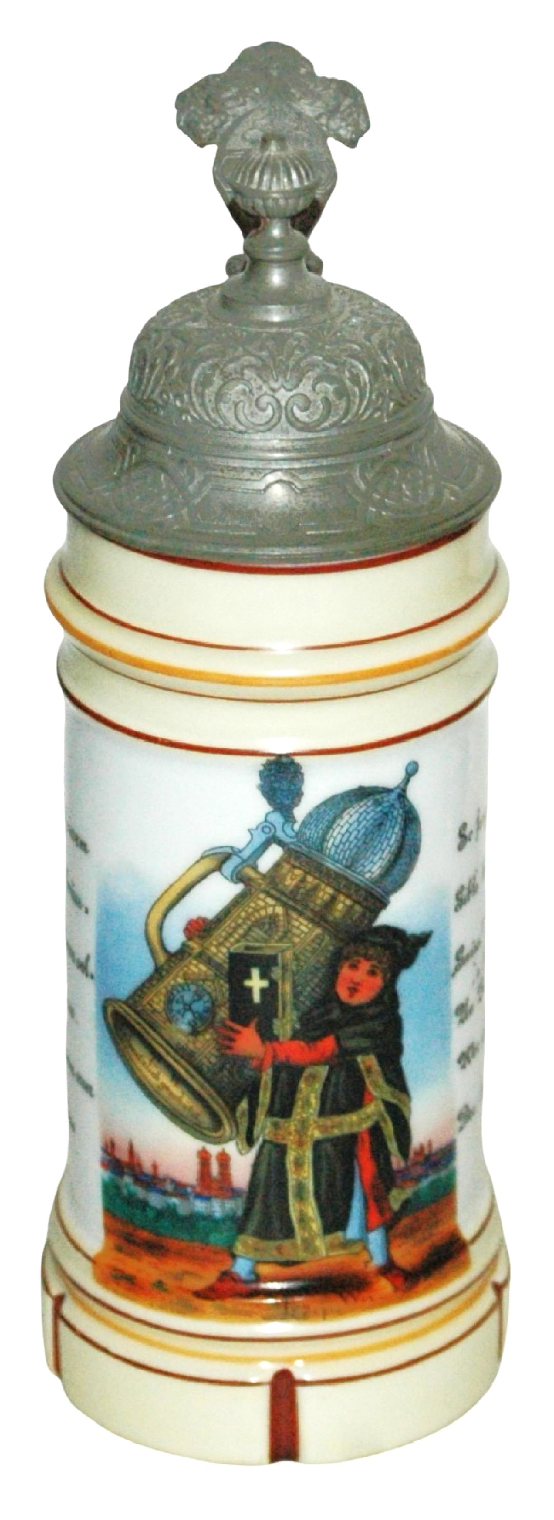 Munich Child w Frauenkirch Stein & Verses: Porcelain POG 1/2L. Munich Child carries huge Frauenkirch stein and two long verses. Mint.