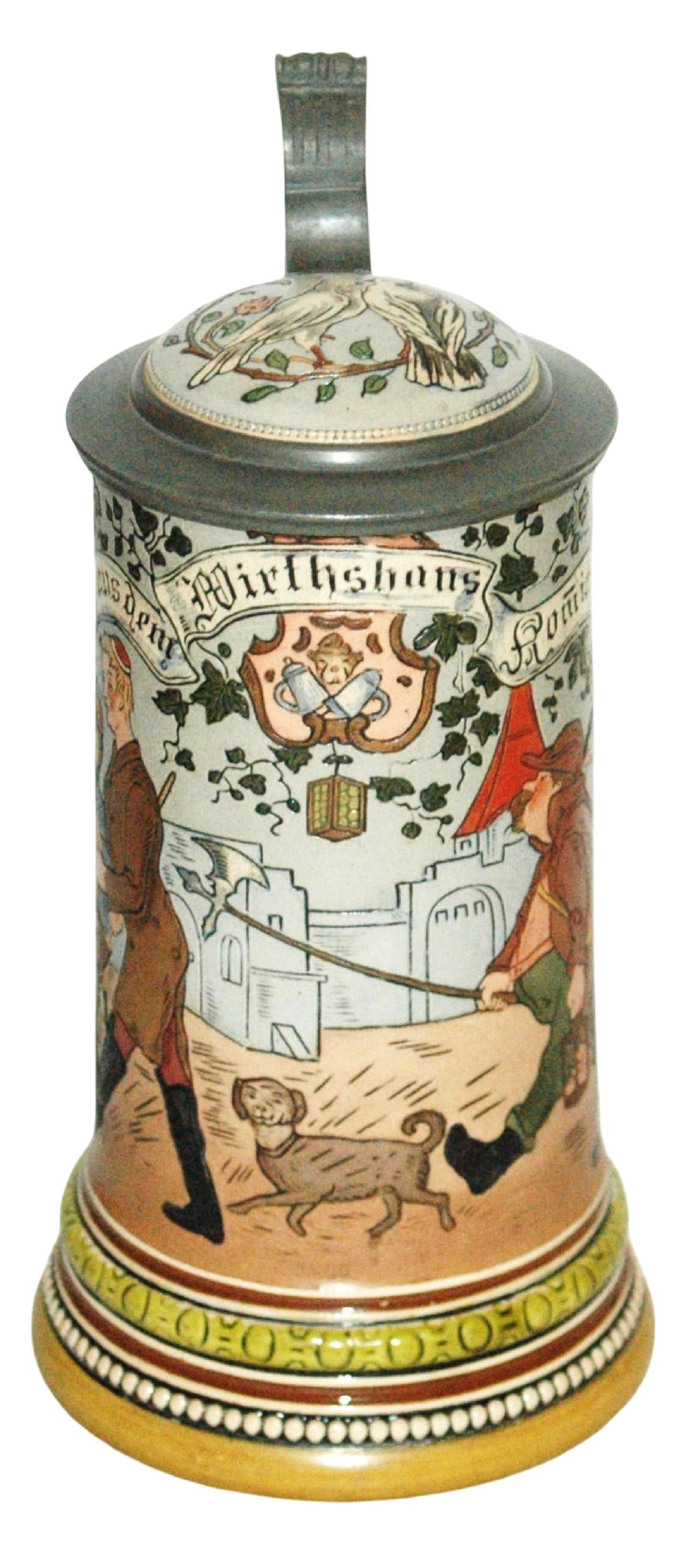 HR Drunk Fraternal Students & Night Watchman Stein: Pottery HR #420 Etched 1/2L. Drunk fraternal students and night watchman. Inlay lid. Mint.