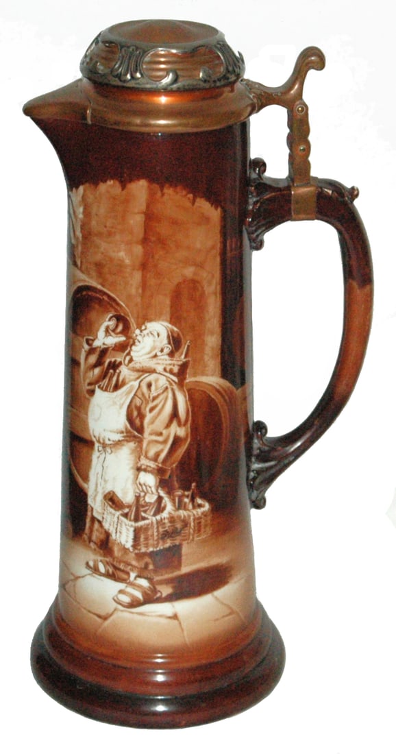 3L Monk in Wine Cellar Lenox Stein w Tiffany Lid: Lenox Porcelain.POG 3L. Monk drinks in wine cellar signed E.R. DeLay. Mixed metal Tiffany lid. Mint.