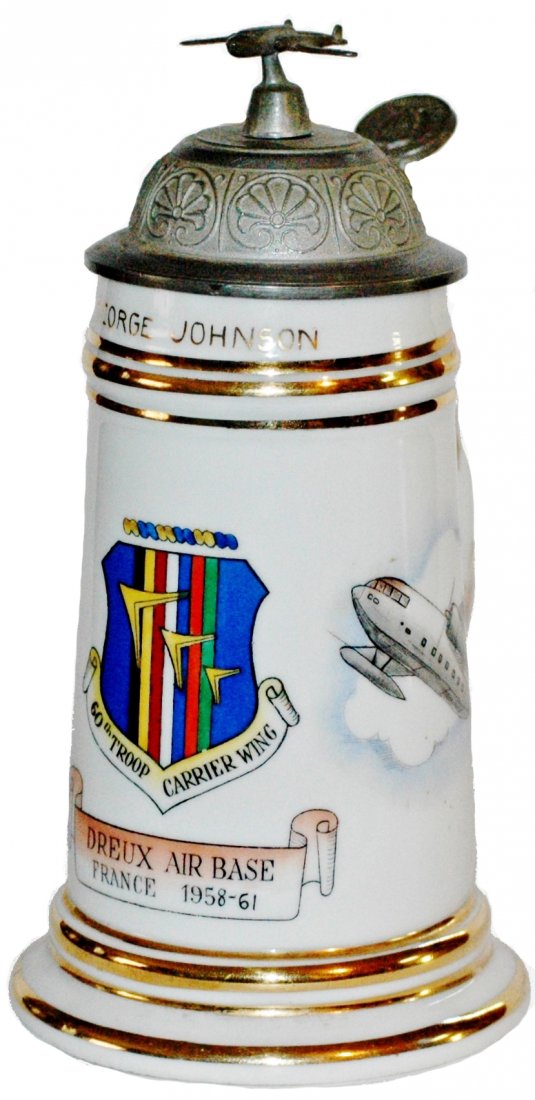 American Cold War Air Base France Stein: American Cold War Regimental Stein 1/2L Porcelain. "60th Troop Carrier Wing Dreux Air Base France 1958-61. George Johnson." Mint.