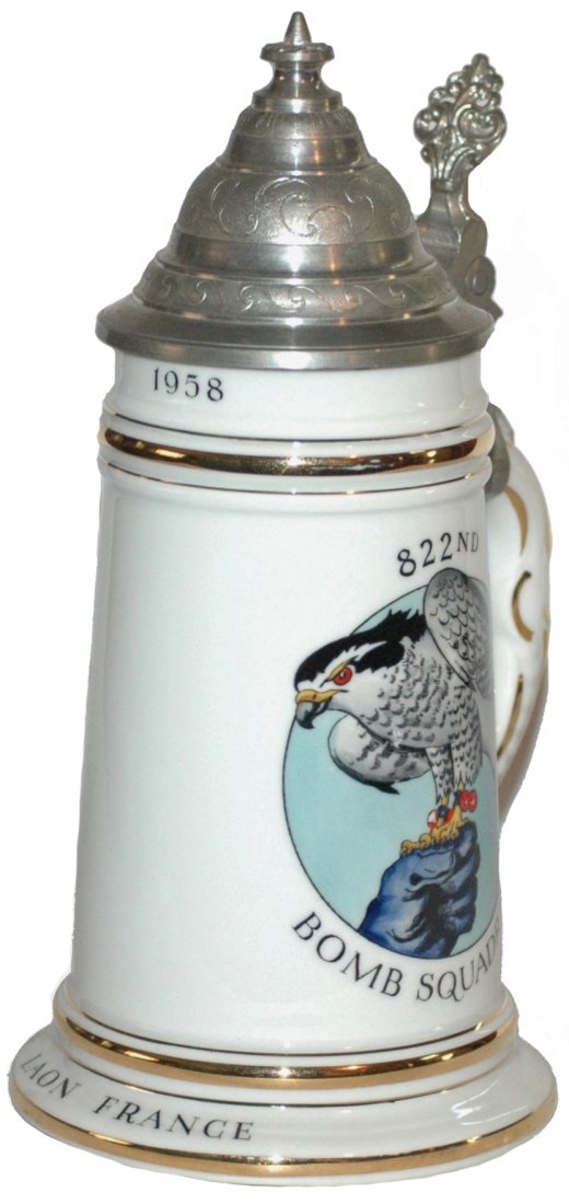 American 822nd Bomb Squadron France Base Stein: American Cold War Regimental Stein 1/2L Porcelain. "822nd Bomb Squadron Laon, France 1958, Marge & John." Mint.