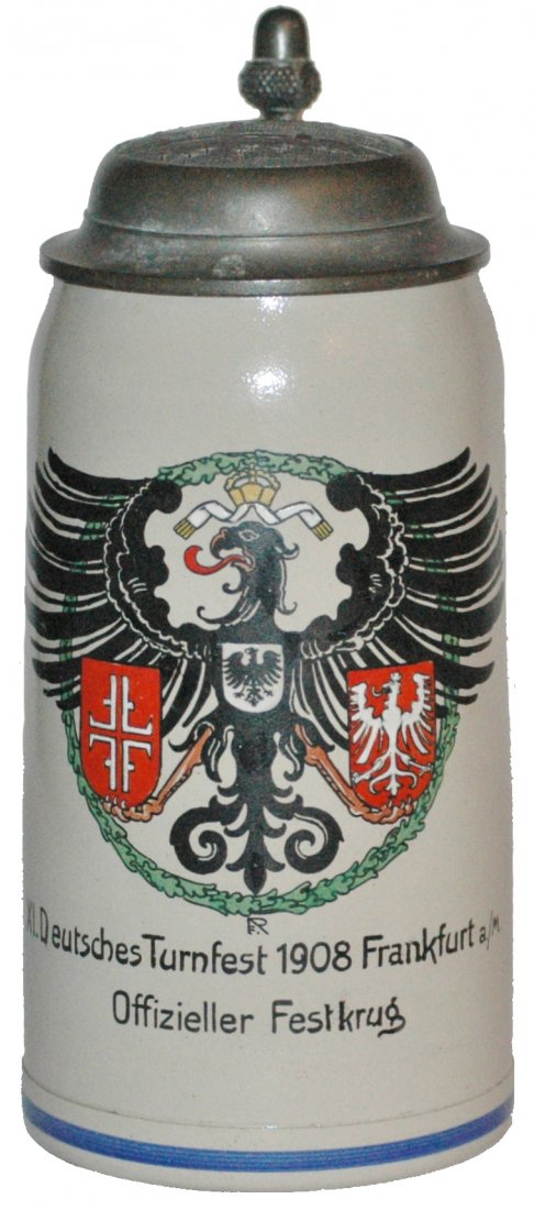 4F Franz Ringer Turnfest 1L Stoneware Stein: Stoneware POG 1L. Franz Ringer 4F. "XI Deutches Turnfest 1908 Frankfurt a/m Offizieller Festkrug." Relief pewter lid of Frankfurt. Mint.