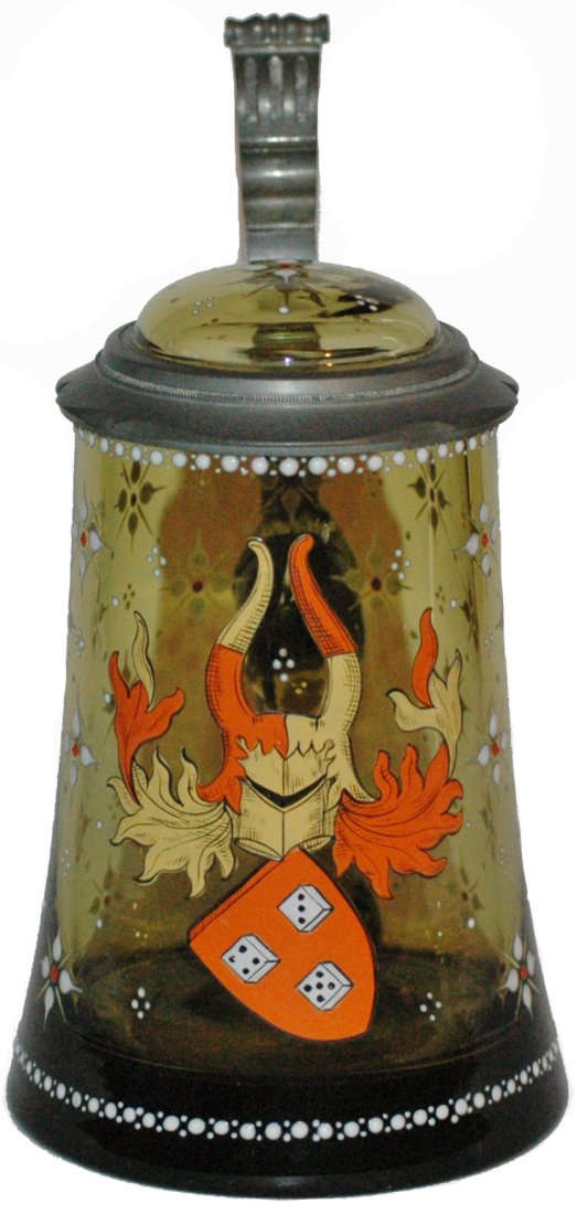 Heraldic Shield w Dice & Matching Inlay Stein: Blown Green Glass 1/2L. Heraldic shield with dice. Matching glass inlay lid.
