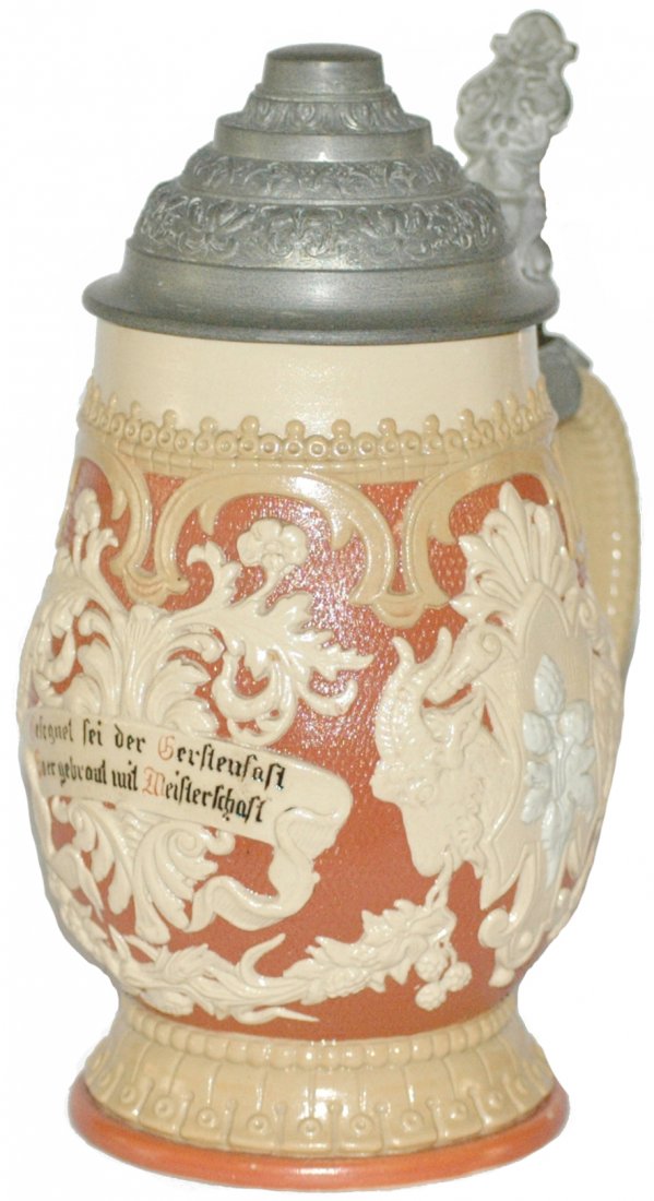 Ram's Heads Floral Relief Mettlach Stein: Mettlach #817 Relief 1/2 L. Ram's heads, floral and verse. Original pewter lid. Mint.