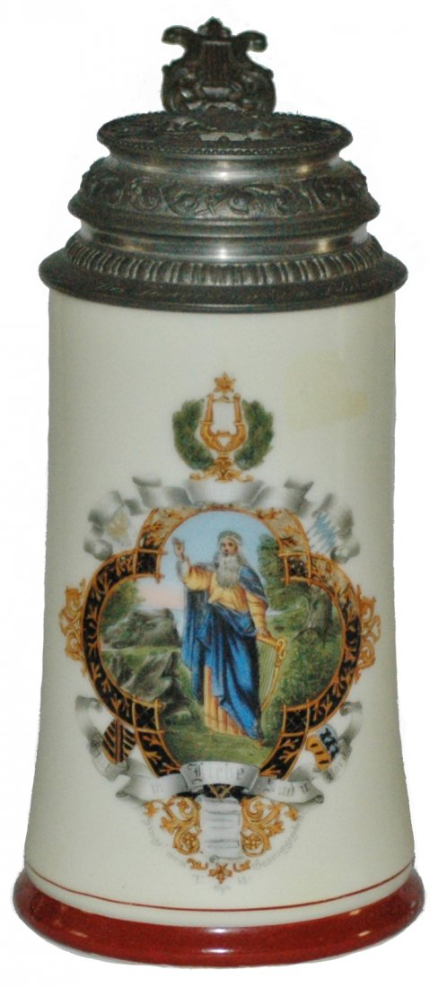 Singing Club Porcelain Stein w Musical Relief lid: Porcelain POG 1/2 L. Singing club. Musical relief pewter lid and thumblift. Litho. Mint.