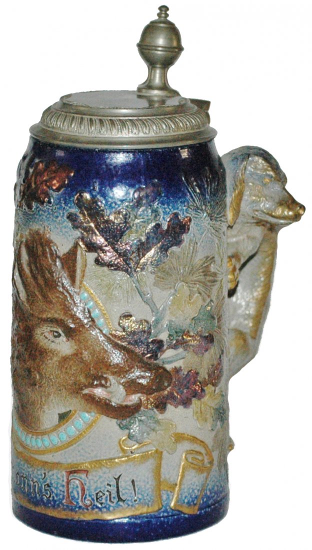 Sarreguemines Boar w Figural Dog Handle 1L Stein: Stoneware relief 1L. Sarreguemines #2911. Boar and figural dog handle. Mint.