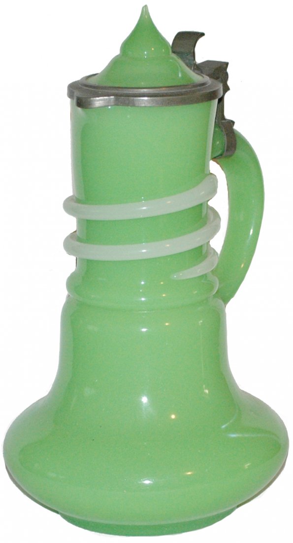 Opaline Wraparound Snake on Green Glass Stein: Blown Green Opaline Glass 1-1/2L. White opaline glass snake. Matching glass inlay lid. Mint.
