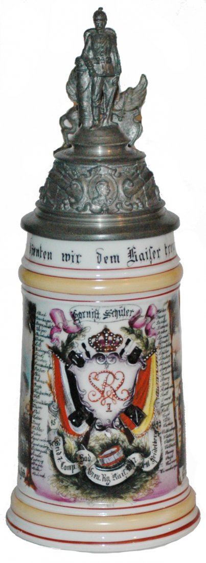 Heidelberg Kaiser Wilhelm I Regimental Stein: Regimental Stein 1/2L Porcelain. "b.d. 7. Comp. 2. Bad. Gren. Rgt. Kais. Wilh. I No. 110 Heidelberg 1895-97, Hornist Schuter." Two side scenes. Front roster.