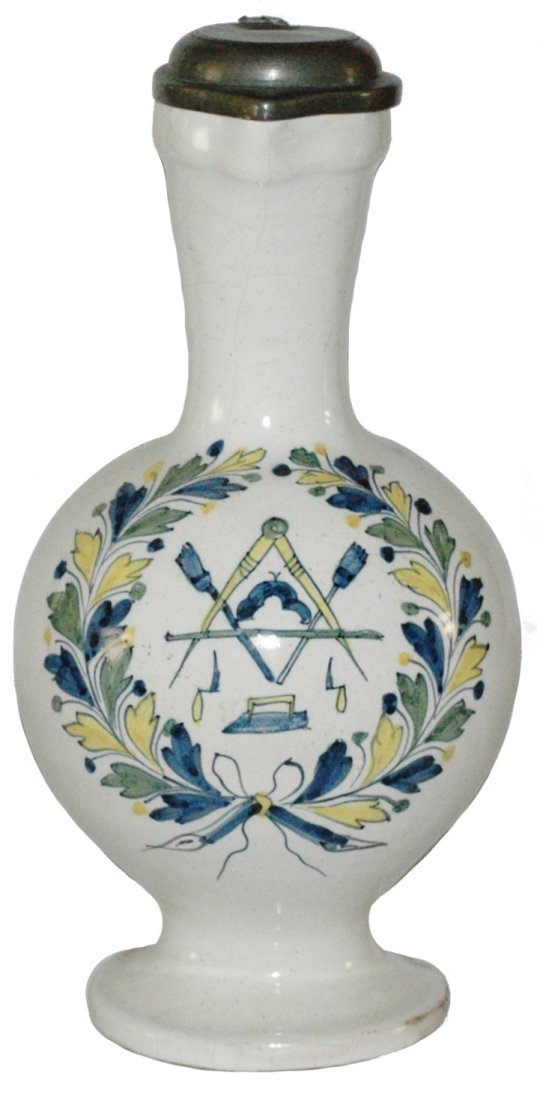 Mason Symbols C 1680 Faience Hanau Factory Stein: Faience 1-1/4L Hanau Factory. Mason occupational symbols. Circa 1680