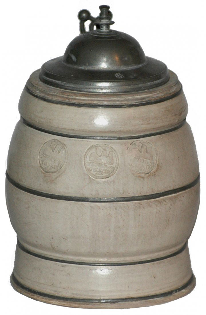 Rare 16th Century Terra Sigillata Stein: Earthenware 1/2L Terra Sigillata. Circa 16th century. Rare three impressed body stamps, one on right. Five pewter body straps. Original pewter lid with gild touch mark.