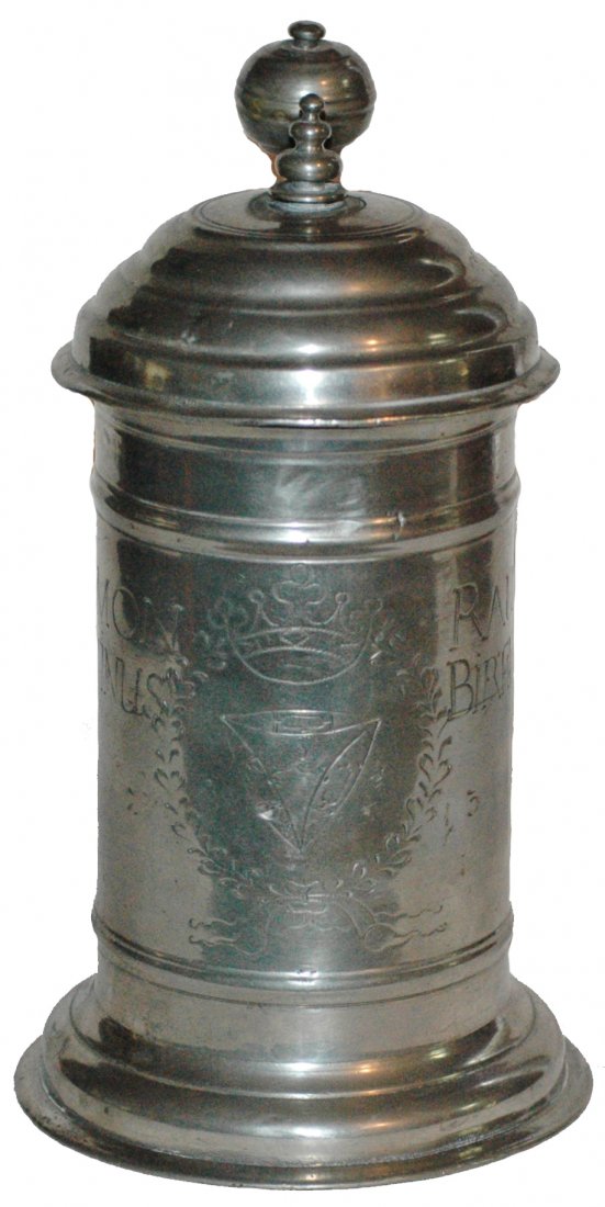 Weaver Occupational Pewter Stein c. 1737: Pewter Stein 1 L. Engraved weaver occupational dated 1737. Detailed relief on backside of handle. Normal wear.