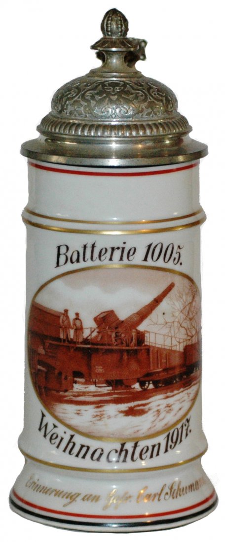 1917 Military Commemorative Weihnachten Stein: Porcelain POG 1/2L. Military commemorative. “Batterie 1005, Weihnachten 1917, Gefr. Carl Schumann.” Mint.