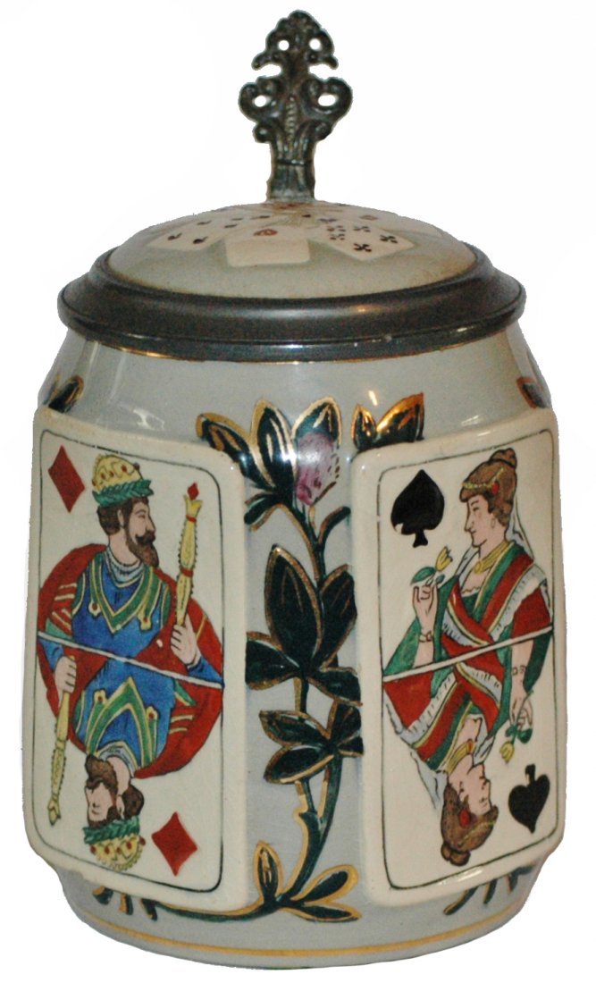 Stoneware Suites of Cards Stein & Lid Inlay: Stoneware #1594 Etched 1/2L. Suites of playing cards on four sided body. Inlay lid of cards. Mint.