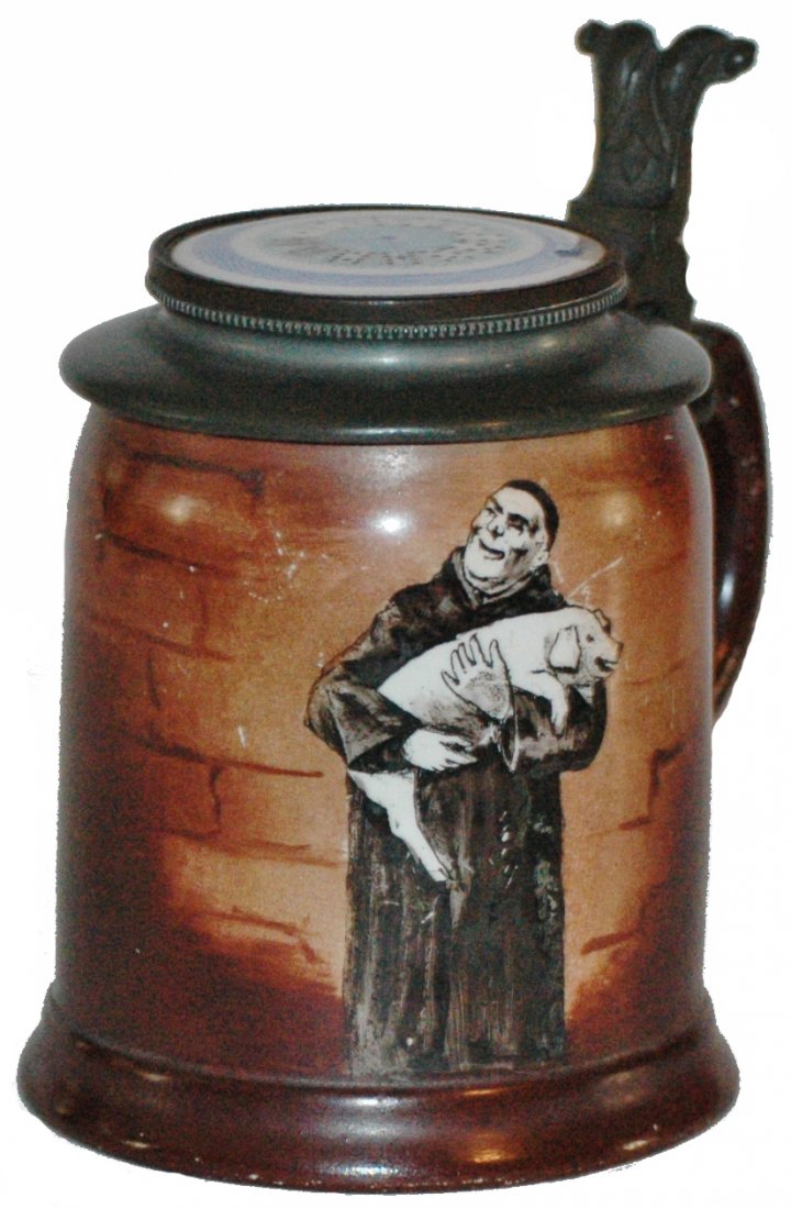 Monk w Pig Stein w Card playing Monk Inlay Lid: Pottery O’Hara Dial POG 1/2L. Monk. Inlay of playing cards. Small base chip.